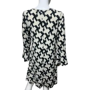 Womens Black Cream Geometric Print Swing Dress Bell Sleeve V Neck Large thumbnail 2