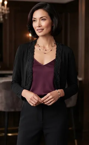 Panitti Black Beaded Open Front Bolero Shrug Long Sleeve Evening Cardigan XL thumbnail 1