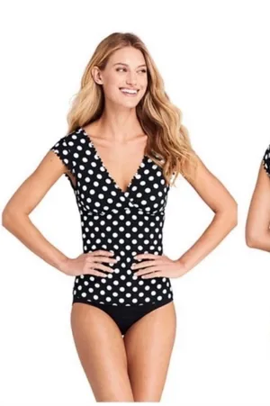 Lands End Cap Sleeve Surplice Tankini Swimsuit Black White Dots Preppy womens 2 thumbnail 1