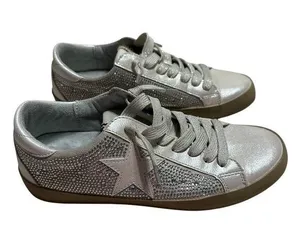 Shu Shop Paula Sneakers Women's Size 6.5 Ice Silver Rhinestone Bling Lace Up thumbnail 1