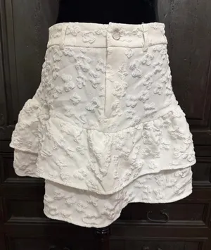 SHEIN ruffle trim skirt textured fabric with a tiered ruffles - size Medium. ***Refer to measurements. Beautiful skirt to wear out on a party trip. Fun & spunky. MOD jacquard ruffle trim skirt features a textured fabric with a tiered, ruffled hem and a button closure. Measurements approximately 15” waste x 16” long. Non- smoking home. priced to sell at as is condition. Don’t like my price, make reasonable offer! And thank you for checking my closet. thumbnail 1