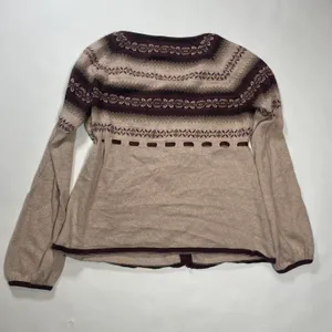 Merino Wool Blend Sweater Cardigan Womens Size L Cream Brown V-Neck thumbnail 2