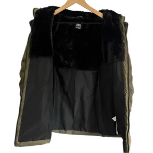 Zara Olive Green Down Puffer Coat Small Faux Fur‎ Hood thumbnail 4