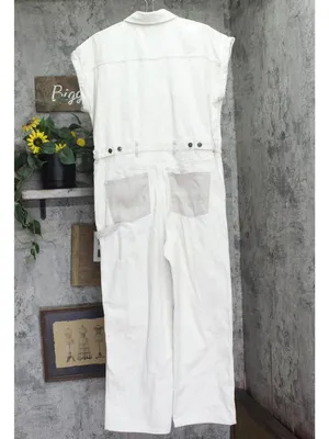 Woolrich X TGT Western Button Down Cotton Denim Jumpsuit Cream Off White 12 thumbnail 2