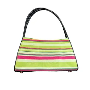 Colorful Striped Handbag With Black Handles & Zip Closure thumbnail 2