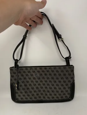 Dooney & Bourke Coated Canvas Logo Mini Slim Black Leather Trim Shoulder Bag Y2K thumbnail 1