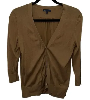 GAP‎ Brown V-Neck Button Cardigan Sweater Small 3/4 Sleeve Lightweight Knit thumbnail 1
