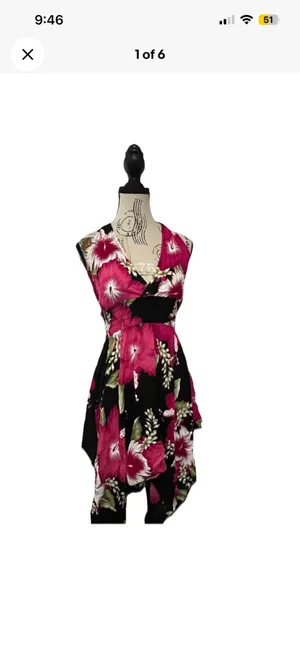 Advance Brand Y2K Hibiscus Tropical Floral Halter Dress Black Pink High Low Hem thumbnail 6