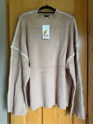Pretty Garden Ribbed Knit Sweater XL NWT Contrast Stitch Mock Neck Tan thumbnail 1