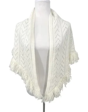 Vintage Shawl Wrap Women OS Ivory Pointelle Knit Fringe Crochet Boho Grannycore thumbnail 1