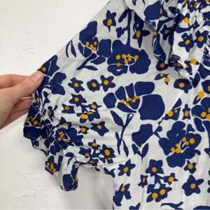Cabellero Blue White Floral Silk Blend Blouse Womens L Puff Sleeve Boho Shirt thumbnail 4