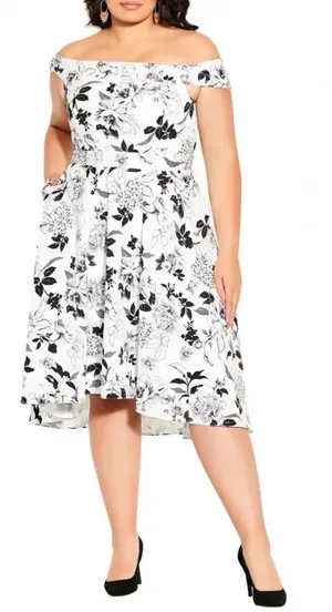 City Chic Flourish Off the Shoulder Dress Ivory Mod Floral Plus Size 14‎ thumbnail 1