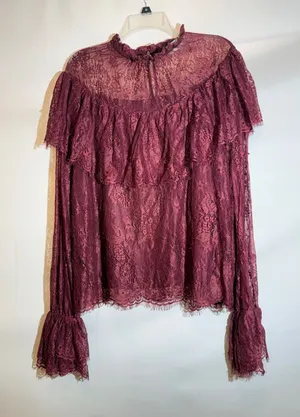 Anthropologie Endless Rose Ruffled Lace Blouse Romantic Feminine Burgundy Top L thumbnail 1