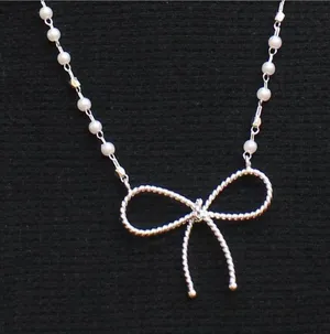 NWT Periwinkle By Barlow Chain Bow Pendant Necklace Silver Gray / White 17" + 3" thumbnail 1