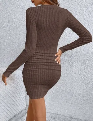 Dark Brown V-Neck Slim Fit Long Sleeve Knit Dress thumbnail 2