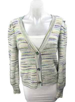 Sundays Multicolor Striped V-neck Jeweled Button Long Sleeve Cardigan Sweater S thumbnail 1