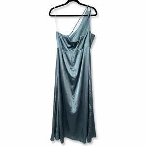 NEW Lulus Signature Elegance Slate Blue Satin One-Shoulder Pleated Maxi Dress 1X thumbnail 10