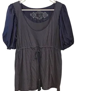 Anthropologie Deletta Elegant Blue puff sleeve belted tassle Top silk cotton thumbnail 9