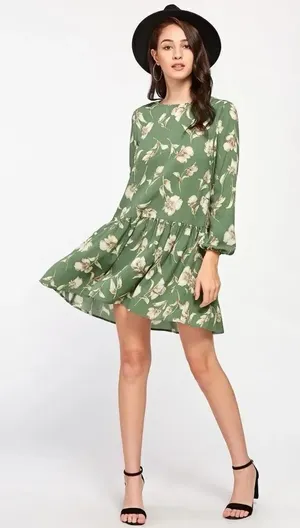 ✨HP✨Flower Print Lantern Sleeve Drop Waist Dress✨ thumbnail 1