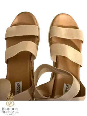 Steve Madden platform Sandals Women 8.5 Beige Elastic Strap Cork Wedge Comfort thumbnail 5