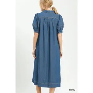 Umgee Chambray‎ Collared Puff Sleeve Dress - Denim - Small thumbnail 3