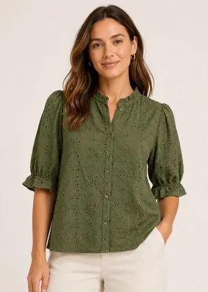Unbranded 56R Olive‎ Green Eyelet Lace Ruffle Neck Puff Sleeve Cotton Blouse L thumbnail 1