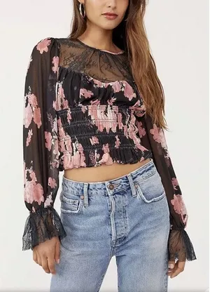 Free People Daphne Floral Long Sleeve Blouse Pink Black Medium thumbnail 1