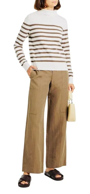 Vince.‎ Wool Cashmere Sweater Women's Stripe Mock Neck Cream Tan White Medium thumbnail 1