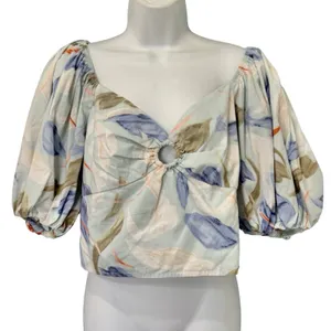 Abercrombie & Fitch Blue White Green Floral Smocked Puff Sleeve Crop Top size L thumbnail 2