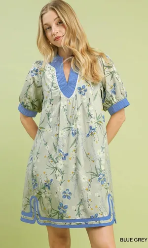 Umgee Floral Puff Sleeve Dress with Contrast Trim‎ - Blue Grey - Small thumbnail 1