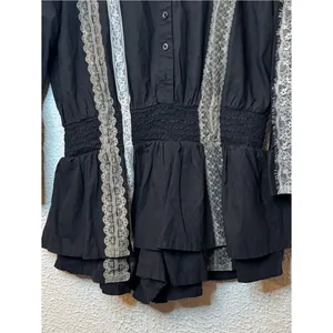 Anthropologie Black Poplin Lace-Trim Skirty Smock Waist Romper thumbnail 3
