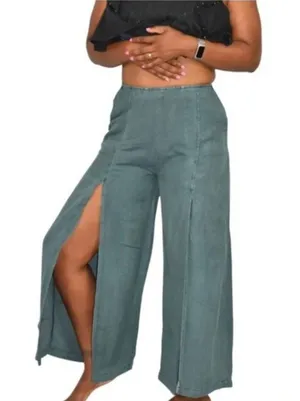 Young Fabulous & Broke YFB Teal Linen Blend Wide Leg Palazzo Pants Slit Hem L thumbnail 1