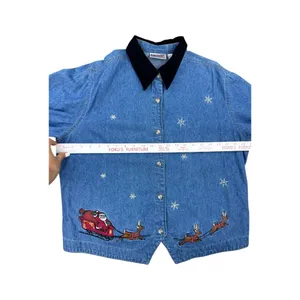 Vintage Bill Blass‎ Holiday Denim Shirt Santa Embroidery Black Velvet Collar XL thumbnail 5