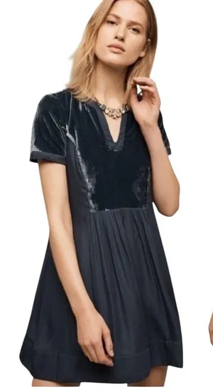 Anthropologie Maeve Floral Lily Velvet Shift Dress‎ Size XS Petite Navy Blue thumbnail 1
