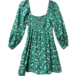 Anthropologie Puff Sleeve Button Front‎ Ruched Green Floral Mini Dress Small thumbnail 6