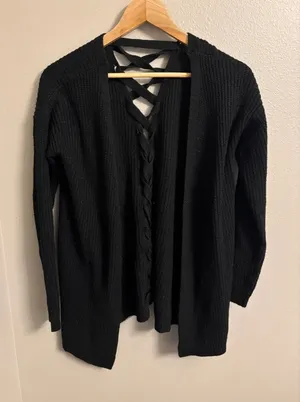 Pink Rose Black Cardigan with Lace Up Back detail thumbnail 1