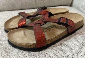 Birkenstock Birki's Sylt Red Snake Scale Print Criss‎ Cross Strap Sandals Size 9 thumbnail 1