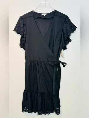 Maette Black Eyelet Cotton Poplin Wrap Mini Dress NWT thumbnail 11