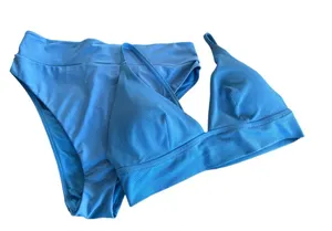 Aerie 2PC Triangle Waffle Weave Bikini Top High Waisted Bottom Sz XL/16 Blue thumbnail 1