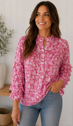 Crown & Ivy Womens Large Pink White Heart Print Ruffle Clip Dot Cotton Blouse thumbnail 1