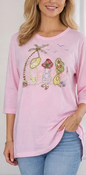 The Quacker Factory Pink Beach Beaded Flip Flop Tunic Top M QVC Coastal BFF thumbnail 1