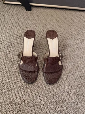 Nine West Dobbs Brown Croc-Embossed Leather Slide Sandals with Buckle Detail thumbnail 3