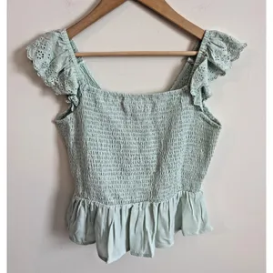 Poof‎ New York Shirt Womens Sz M Mint Green Cottage Ruffle Eyelet Top Blouse thumbnail 8