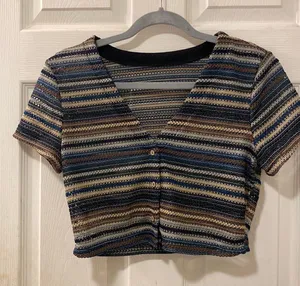 V-neck Button Placket Striped top thumbnail 2