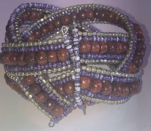 Wooden Beaded Brown & Purple Boho Wrap Cuff Bracelet thumbnail 4