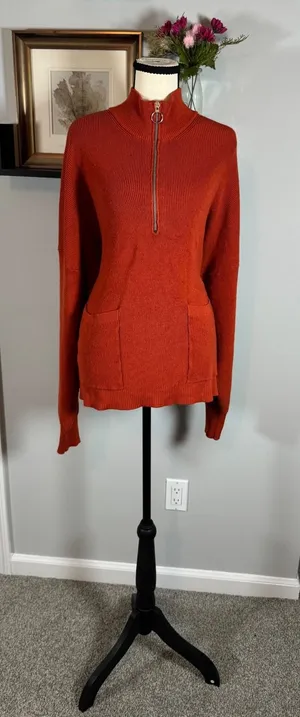 Free Assembly Womens XXL Rust Red Ribbed Quarter Zip Sweater Front Pockets thumbnail 1