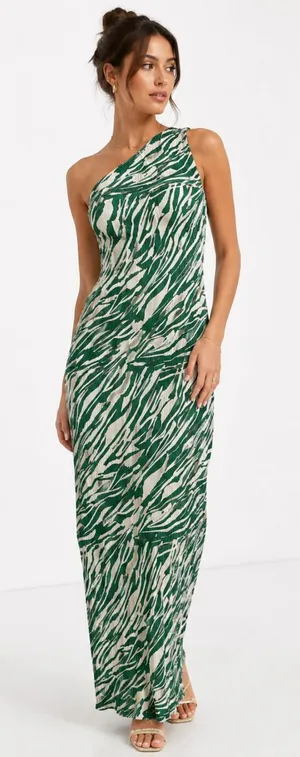 ASOS Green Zebra Plisse One Shoulder Maxi Dress Size 12 Resortwear Vacation NWT thumbnail 1