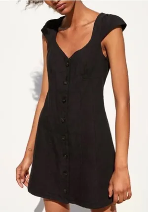 Zara Womens Black Denim Button Front Cap Sleeve Mini Dress Sweetheart‎ Neck thumbnail 1