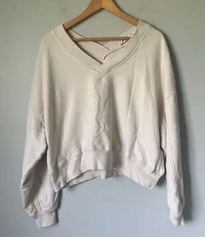 Aerie Cropped V-Neck Sweatshirt Off the Shoulder Cotton Blend Beige Size Medium thumbnail 1