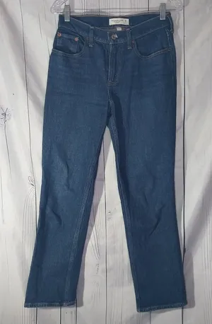 Abercrombie & Fitch Dark Blue The 90's Straight Leg Mid Rise Curve Love Jeans thumbnail 1